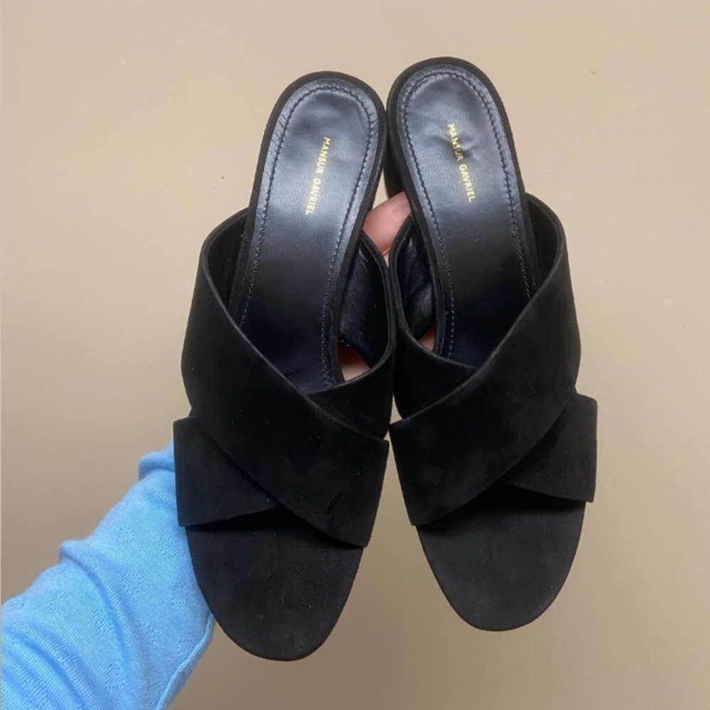 Black Suede Crossover Heeled Sandal | Mansur Gavriel - Picture 5 of 7
